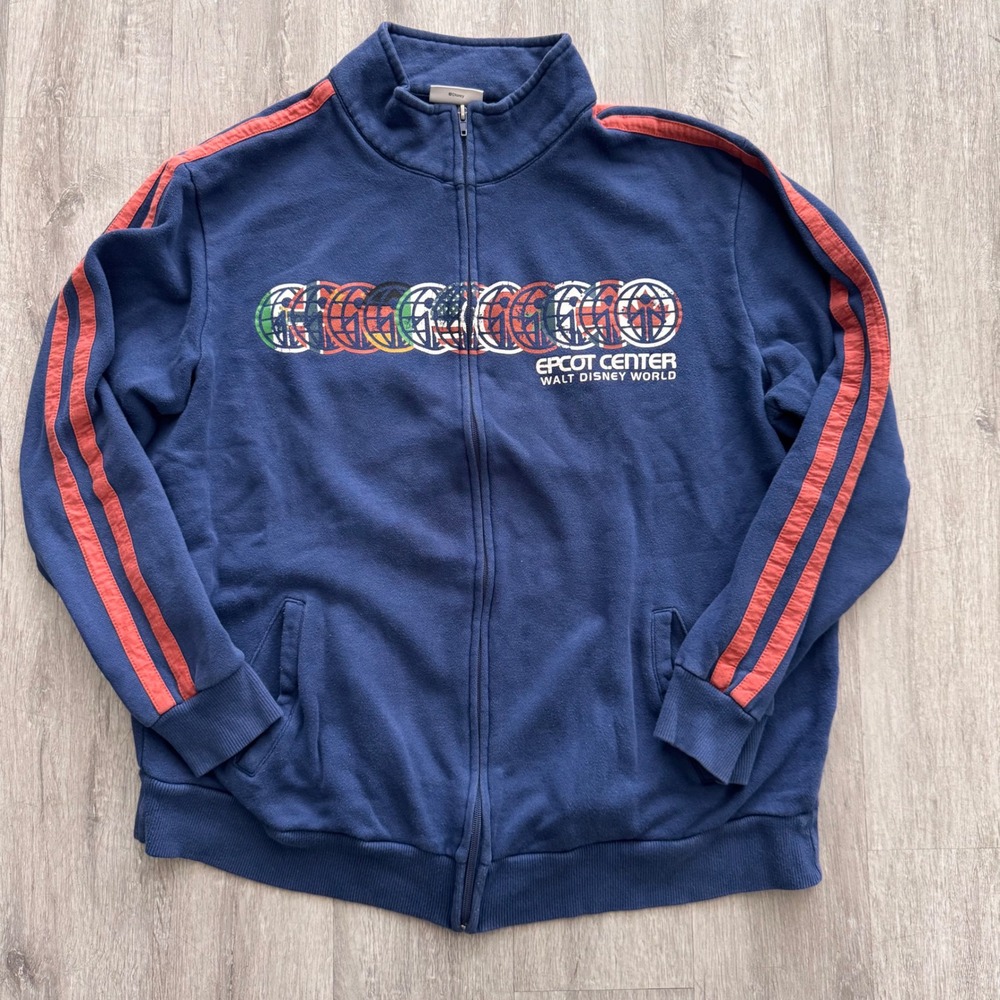 Disney Parks Epcot Center Track Jacket Navy Blue Full Zip XL Retro World Logo